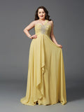 A-Line/Princess One-Shoulder Rhinestone Sleeveless Long Chiffon Plus Size Dresses TPP0003729