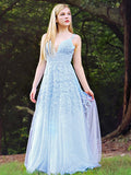 A-Line/Princess Sleeveless V-neck Applique Tulle Floor-Length Dresses TPP0004558