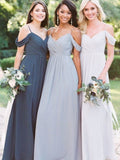 A-Line/Princess Off-the-Shoulder Chiffon Ruffles Sleeveless Floor-Length Bridesmaid Dresses TPP0005334