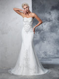 Trumpet/Mermaid Sweetheart Beading Sleeveless Long Satin Wedding Dresses TPP0006464