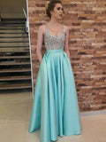 A-Line/Princess Sleeveless V-neck Floor-Length Beading Satin Dresses TPP0002954