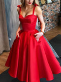 A-Line/Princess Satin Bowknot Straps Sleeveless Tea-Length Homecoming Dresses TPP0008587