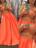 A-Line/Princess Sleeveless High Neck Satin Beading Floor-Length Two Piece Dresses TPP0002947