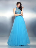 A-Line/Princess High Neck Beading Sleeveless Long Satin Dresses TPP0009242