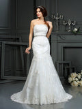 Trumpet/Mermaid Strapless Beading Sleeveless Long Lace Wedding Dresses TPP0006750