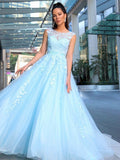 A-Line/Princess Scoop Sleeveless Tulle Applique Sweep/Brush Train Dresses TPP0001530