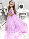 Ball Gown Tulle Lace Off-the-Shoulder 1/2 Sleeves Sweep/Brush Train Flower Girl Dresses TPP0007476