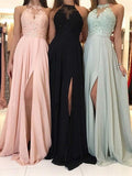 A-Line/Princess Halter Applique Sleeveless Ruched Sweep/Brush Train Chiffon Dresses TPP0001679