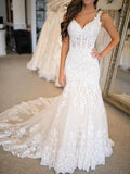 Trumpet/Mermaid Tulle Applique V-neck Sleeveless Sweep/Brush Train Wedding Dresses TPP0005894