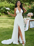 A-Line/Princess Chiffon Ruffles Halter Sleeveless Sweep/Brush Train Wedding Dresses TPP0006344