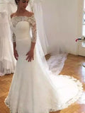 Trumpet/Mermaid Off-the-Shoulder 3/4 Sleeves Sweep/Brush Train Ruffles Lace Wedding Dresses TPP0006701