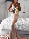 Trumpet/Mermaid Straps V-neck Sleeveless Applique Sweep/Brush Train Satin Dresses TPP0002419