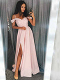 A-Line/Princess Sleeveless Off-the-Shoulder Sweep/Brush Train Ruffles Elastic Woven Satin Dresses TPP0002275