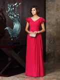 A-Line/Princess V-neck Ruched Short Sleeves Long Chiffon Mother of the Bride Dresses TPP0007254