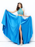 A-line/Princess High Neck Beading Sleeveless Long Satin Two Piece Dresses TPP0002851