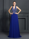 A-Line/Princess Halter Applique Sleeveless Long Chiffon Dresses TPP0003350