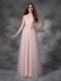 A-line/Princess Bateau Hand-Made Flower Sleeveless Long Net Dresses TPP0009231