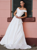 A-Line/Princess Satin Ruched Off-the-Shoulder Sleeveless Court Train Wedding Dresses TPP0006147