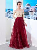 A-Line/Princess Sheer Neck Floor-Length Long Sleeves Applique Organza Dresses TPP0002909