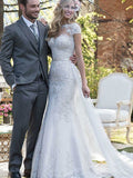 Trumpet/Mermaid Tulle Sash/Ribbon/Belt Bateau Short Sleeves Sweep/Brush Train Wedding Dresses TPP0006393