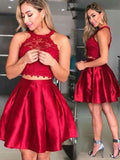 A-Line/Princess Sleeveless Halter Satin Lace Short/Mini Two Piece Dresses TPP0008459