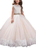 Ball Gown Scoop Sleeveless Lace Floor-Length Tulle Flower Girl Dresses TPP0007575