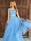 A-Line/Princess Sleeveless Off-the-Shoulder Tulle Applique Floor-Length Two Piece Dresses TPP0002186