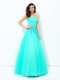 A-line/Princess Strapless Beading Sleeveless Long Elastic Woven Satin Dresses TPP0002880