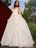 A-Line/Princess Sleeveless V-neck Tulle Sequin Sweep/Brush Train Dresses TPP0001483