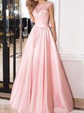 A-Line/Princess Sleeveless Sheer Neck Floor-Length Lace Satin Dresses TPP0003541