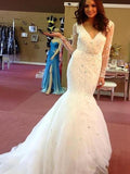 Trumpet/Mermaid Beading Tulle Long Sleeves Court Train V-neck Wedding Dresses TPP0006805