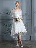 A-Line/Princess Long Sleeves Off-the-Shoulder Asymmetrical Lace Wedding Dresses TPP0006338