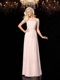 A-Line/Princess Bateau Beading Short Sleeves Long Chiffon Dresses TPP0003584