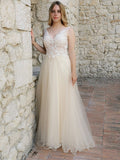 A-Line/Princess Sleeveless Applique Tulle V-neck Floor-Length Dresses TPP0004772