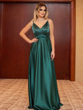 A-Line/Princess Ruffles V-neck Sleeveless Silk like Satin Floor-Length Dresses TPP0004704