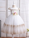 Ball Gown Lace Hand-Made Flower Scoop Short Sleeves Ankle-Length Flower Girl Dresses TPP0007514