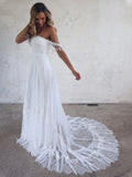 A-Line/Princess Off-the-Shoulder Tulle Sweep/Brush Train Lace Sleeveless Wedding Dresses TPP0006820