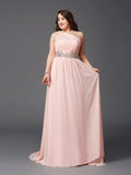 A-Line/Princess One-Shoulder Rhinestone Sleeveless Long Chiffon Plus Size Dresses TPP0002809