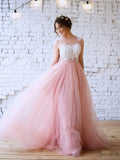 A-Line/Princess Applique Bateau Sleeveless Tulle Sweep/Brush Train Dresses TPP0003841