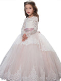 Ball Gown Jewel Long Sleeves Lace Floor-Length Tulle Flower Girl Dresses TPP0007626