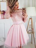 A-Line/Princess Satin Lace Off-the-Shoulder Long Sleeves Short/Mini Homecoming Dresses TPP0003241