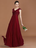 A-Line/Princess Lace Short Sleeves Chiffon Ruched V-neck Floor-Length Bridesmaid Dresses TPP0005649