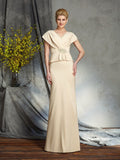 Sheath/Column V-neck Beading Short Sleeves Long Silk like Satin Mother of the Bride Dresses TPP0007271