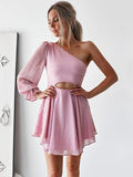 A-Line/Princess Chiffon One-Shoulder Long Sleeves Ruffles Short/Mini Dresses TPP0008757