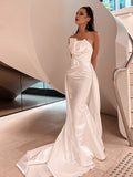 A-Line/Princess Satin Ruched Strapless Sleeveless Court Train Wedding Dresses TPP0006532