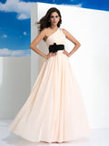 A-Line/Princess One-Shoulder Sash/Ribbon/Belt Sleeveless Long Chiffon Dresses TPP0002768