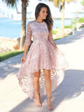 A-Line/Princess Satin Applique Sheer Neck 3/4 Sleeves Asymmetrical Homecoming Dress TPP0003028