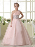 A-line/Princess One-shoulder Sleeveless Beading Long Organza Flower Girl Dresses TPP0007661