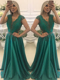 A-Line/Princess Short Sleeves V-neck Floor-Length Beading Silk like Satin Dresses TPP0002993