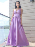 A-Line/Princess Satin Ruched V-neck Sleeveless Sweep/Brush Train Dresses TPP0001754